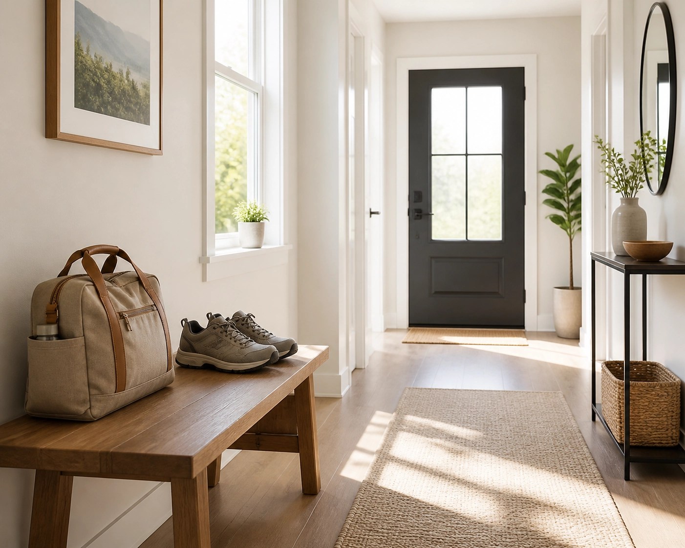 A clean, modern interior shot of a bright, sun-drenched hallway leading to a front door. A pair of comfortable walking shoes and a neatly placed bag sit organized on a wooden bench, ready for the day. The lighting is soft and natural, pouring in from a nearby window and reflecting off white walls. The minimalistic composition and gentle color palette evoke a feeling of calm, order, and the peace of mind that comes with a well-prepared routine.