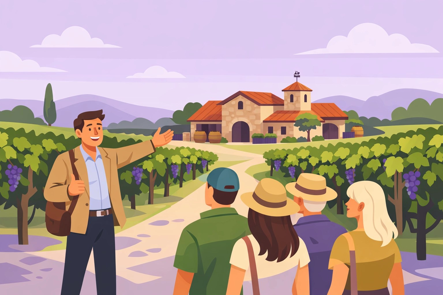 A professional tour host guiding a group to a hidden gem winery in the lush Virginia countryside.