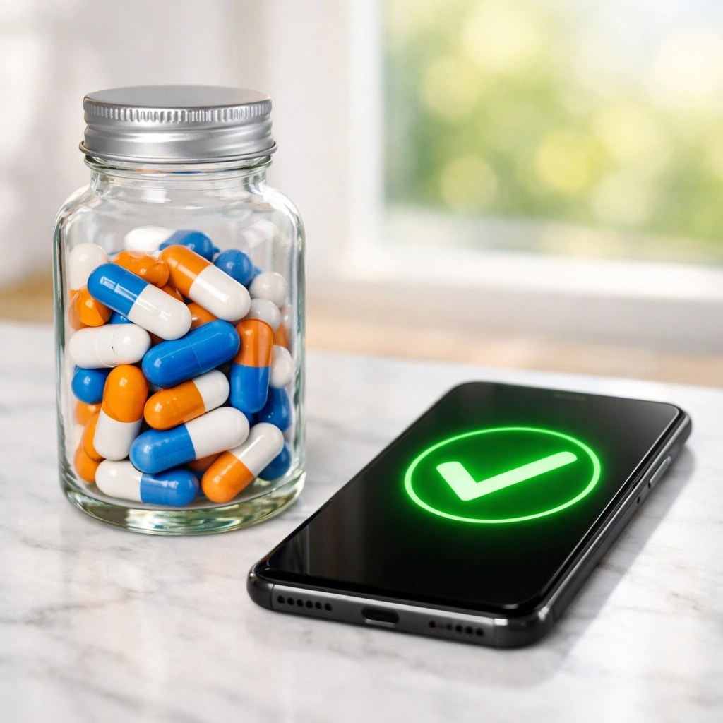 Bottle of medication next to a phone with a checkmark, symbolizing verified prescription drug coverage.