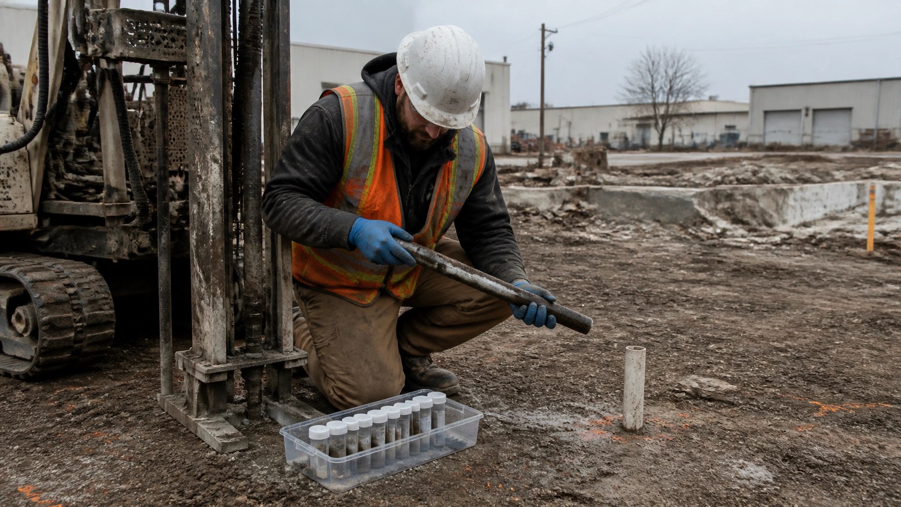 Environmental professional collecting soil core samples beside a drilling rig at a Northern New Jersey industrial property