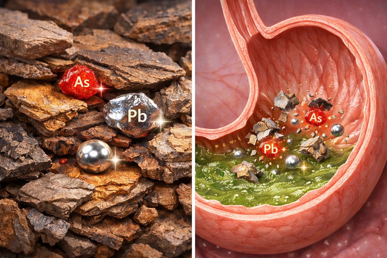 Heavy metals in bentonite clay particles showing bioavailability in stomach acid