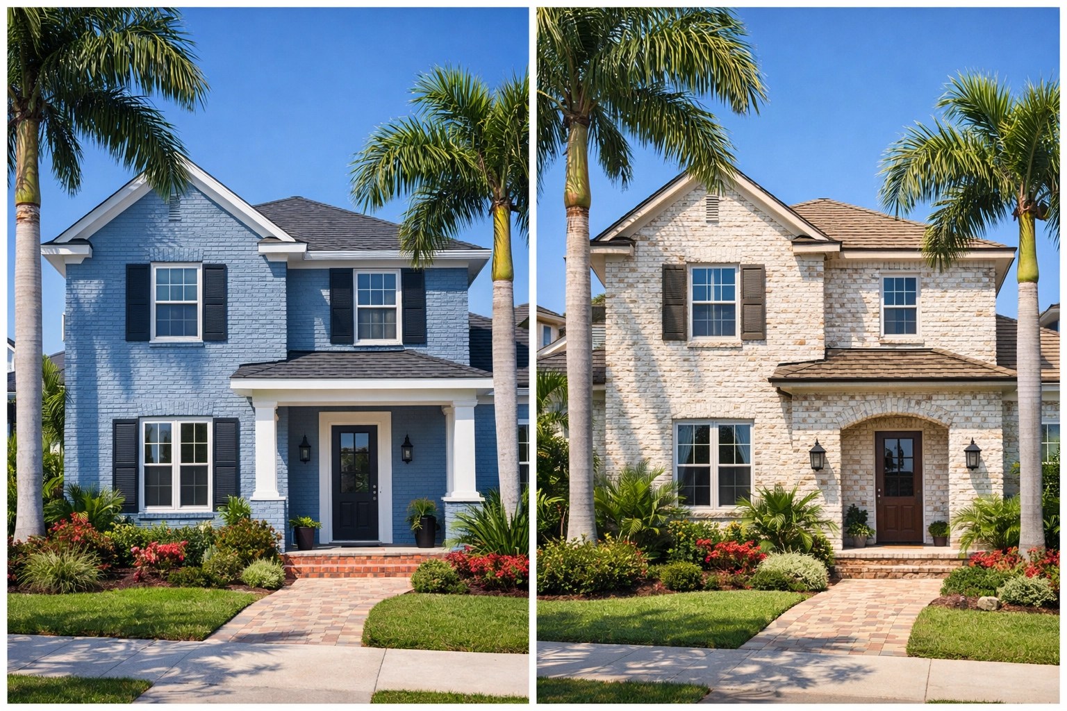 Coastal Florida homes comparing limewash brick versus painted brick exteriors