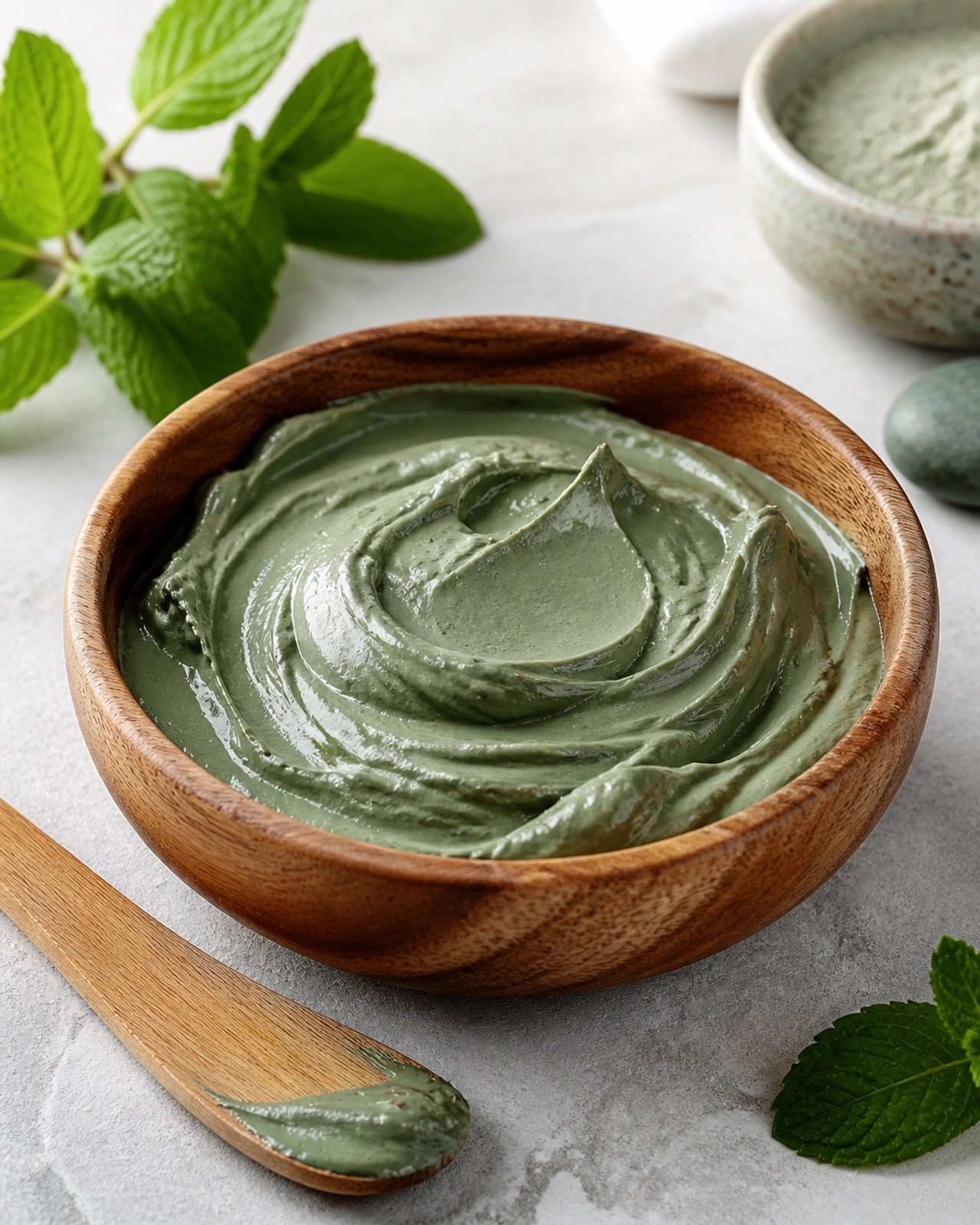 Close-up of rich green clay paste in a wooden bowl ready for application