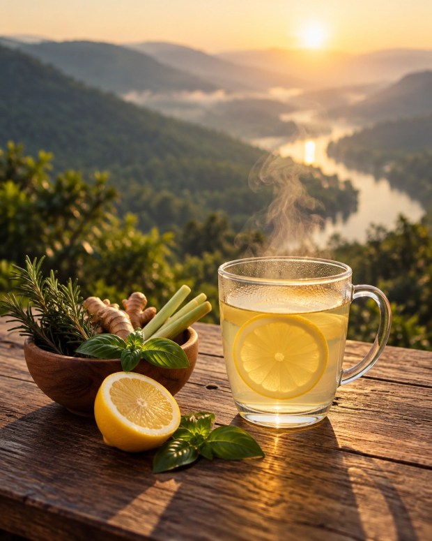 Hot lemon water with rosemary, ginger, lemongrass, and basil