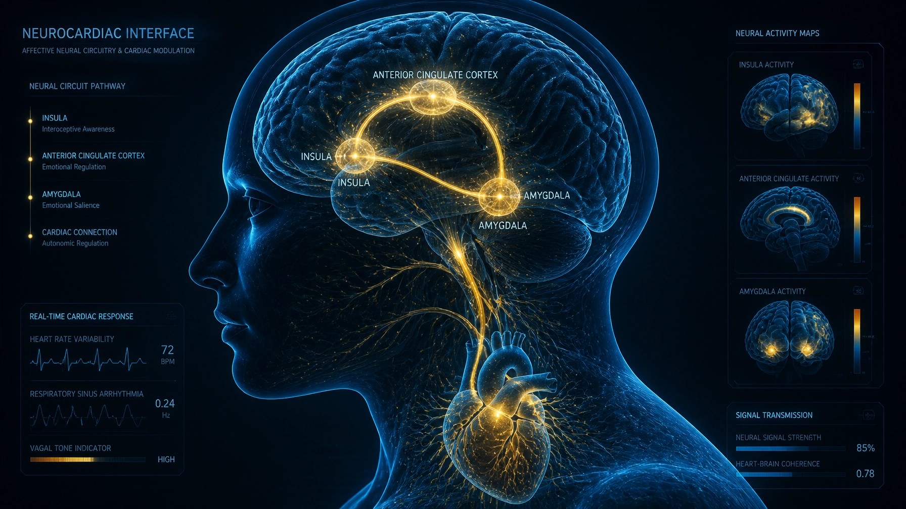 Futuristic neuroscience visualization of the brain-heart circuit