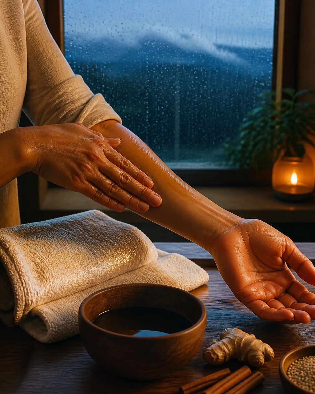 Automasaje abhyanga con aceite tibio de ajonjolí en un ambiente interior durante la lluvia