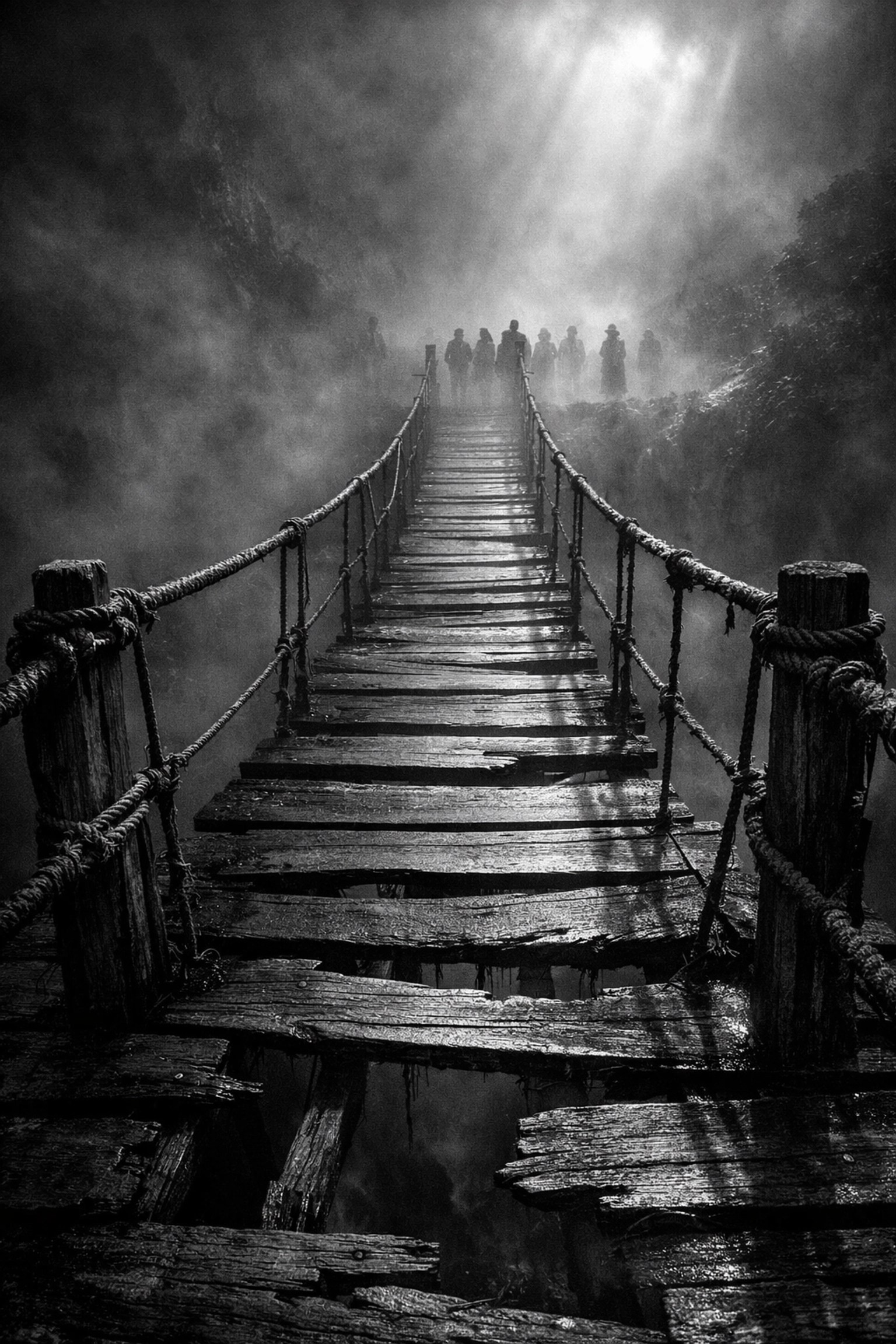 Wooden bridge crossing misty divide symbolizing courage needed for racial unity