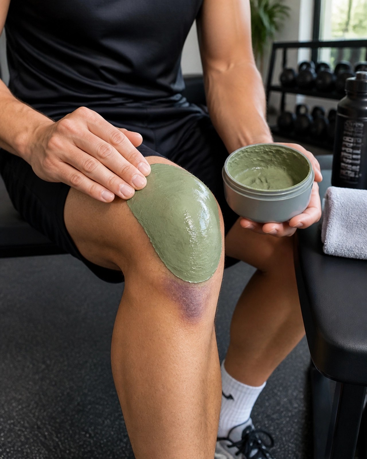 A person applying a thick, smooth layer of natural green clay paste to a bruised knee. The application is neat, and the person is wearing athletic gear. The background is a clean, modern gym or training recovery area. Natural lighting, generic and professional.