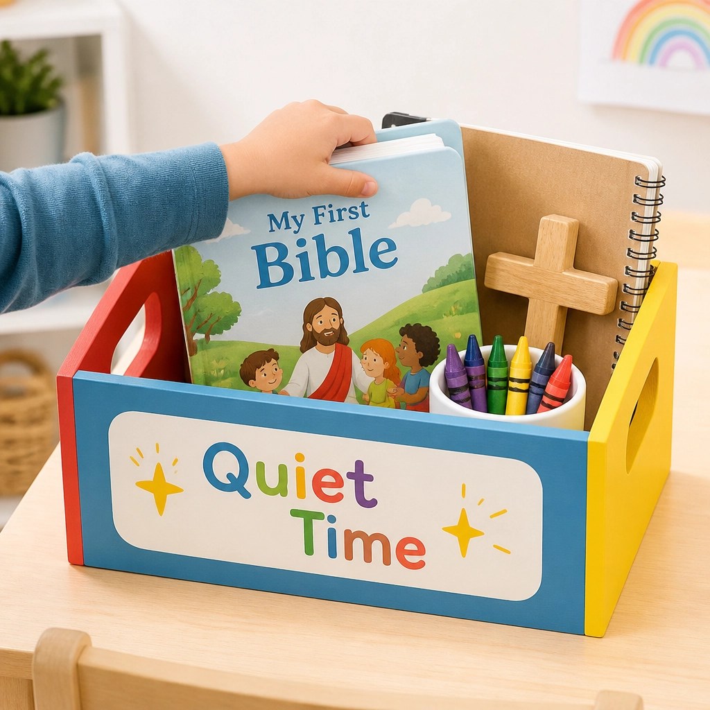 A 'Quiet Time Box' filled with a Bible, crayons, and a notebook for a young child