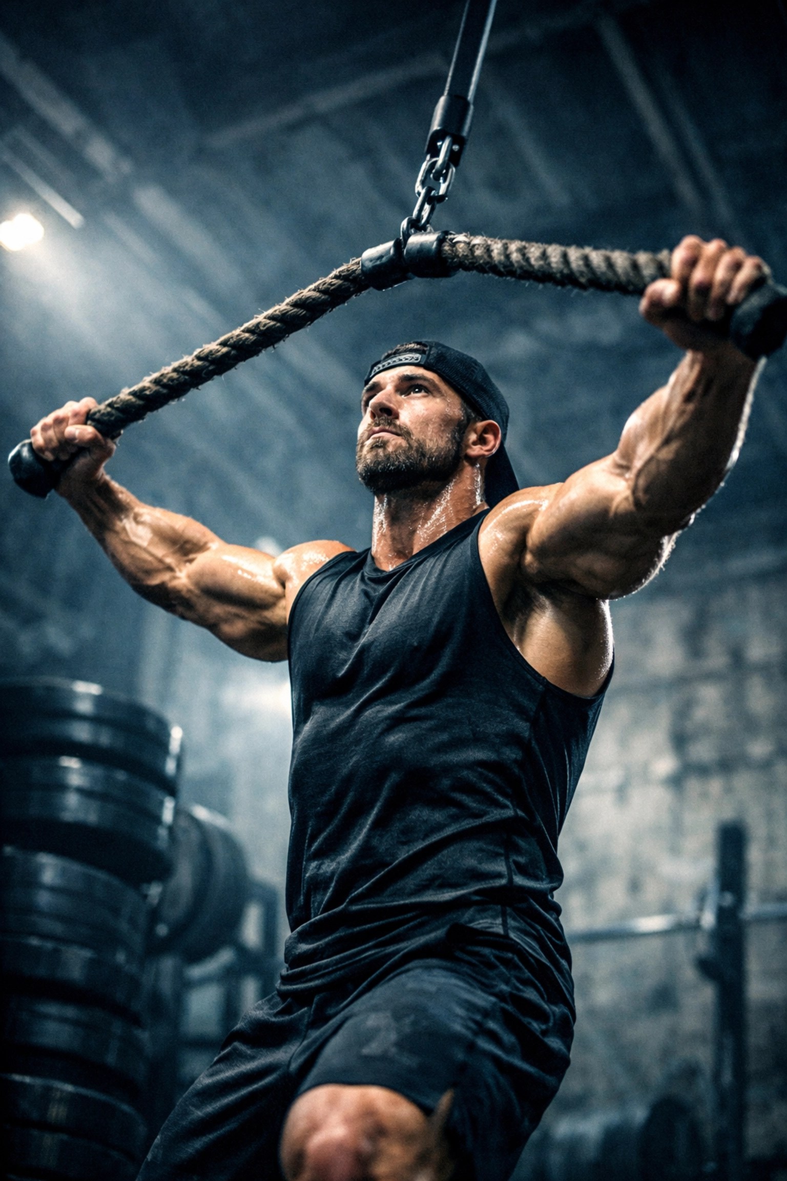 Athlete performing a straight arm pulldown with a rope attachment to build back width.