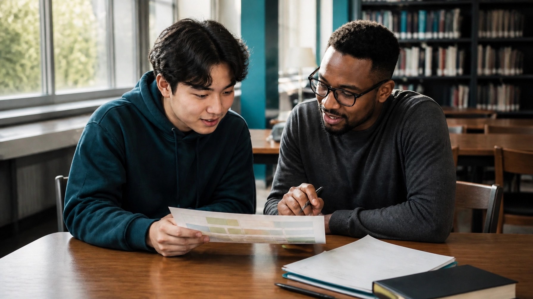 Student and mentor reviewing a printed education funding map at a library table