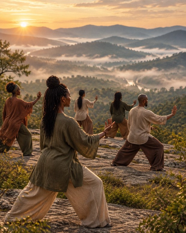 Adults of color practicing gentle qigong and Tai Chi against a misty valley sunrise