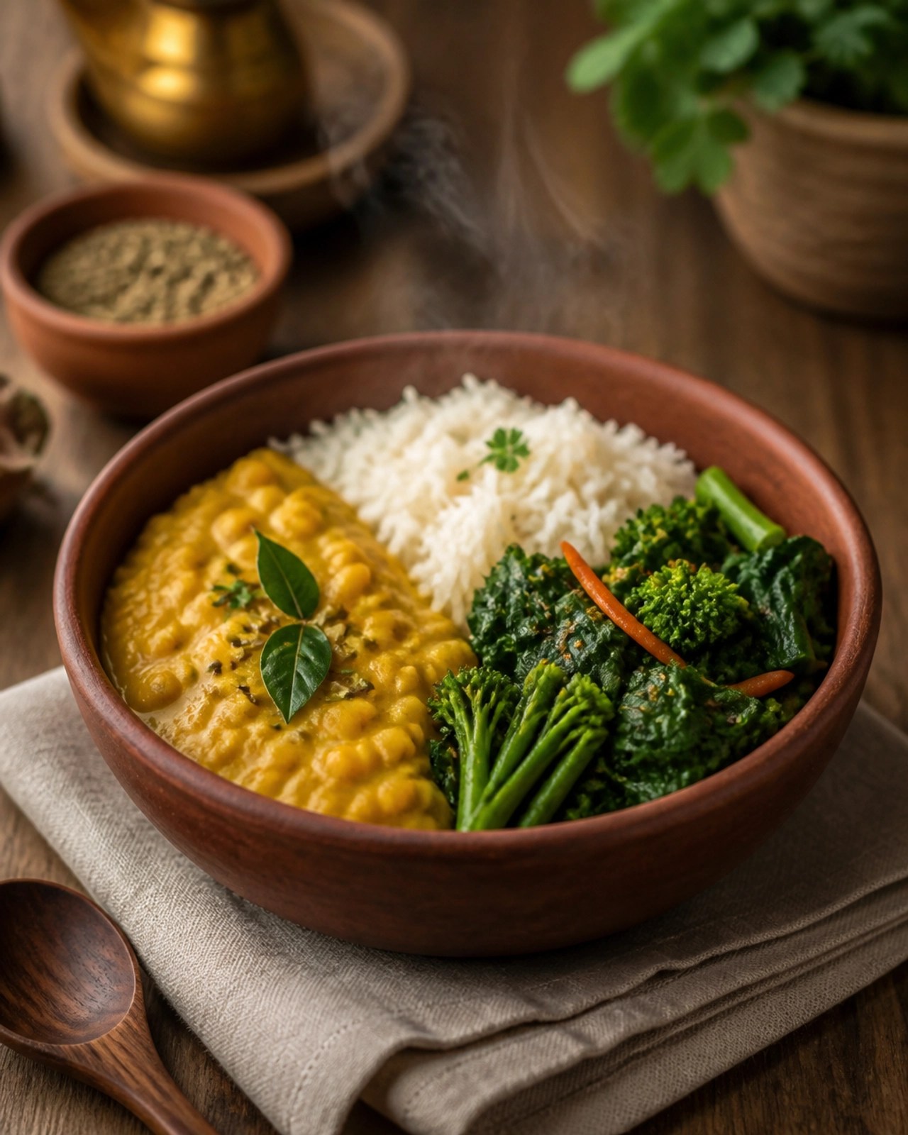 A traditional clay bowl containing a balanced Ayurvedic meal of lentils, rice, and vegetables with steam rising