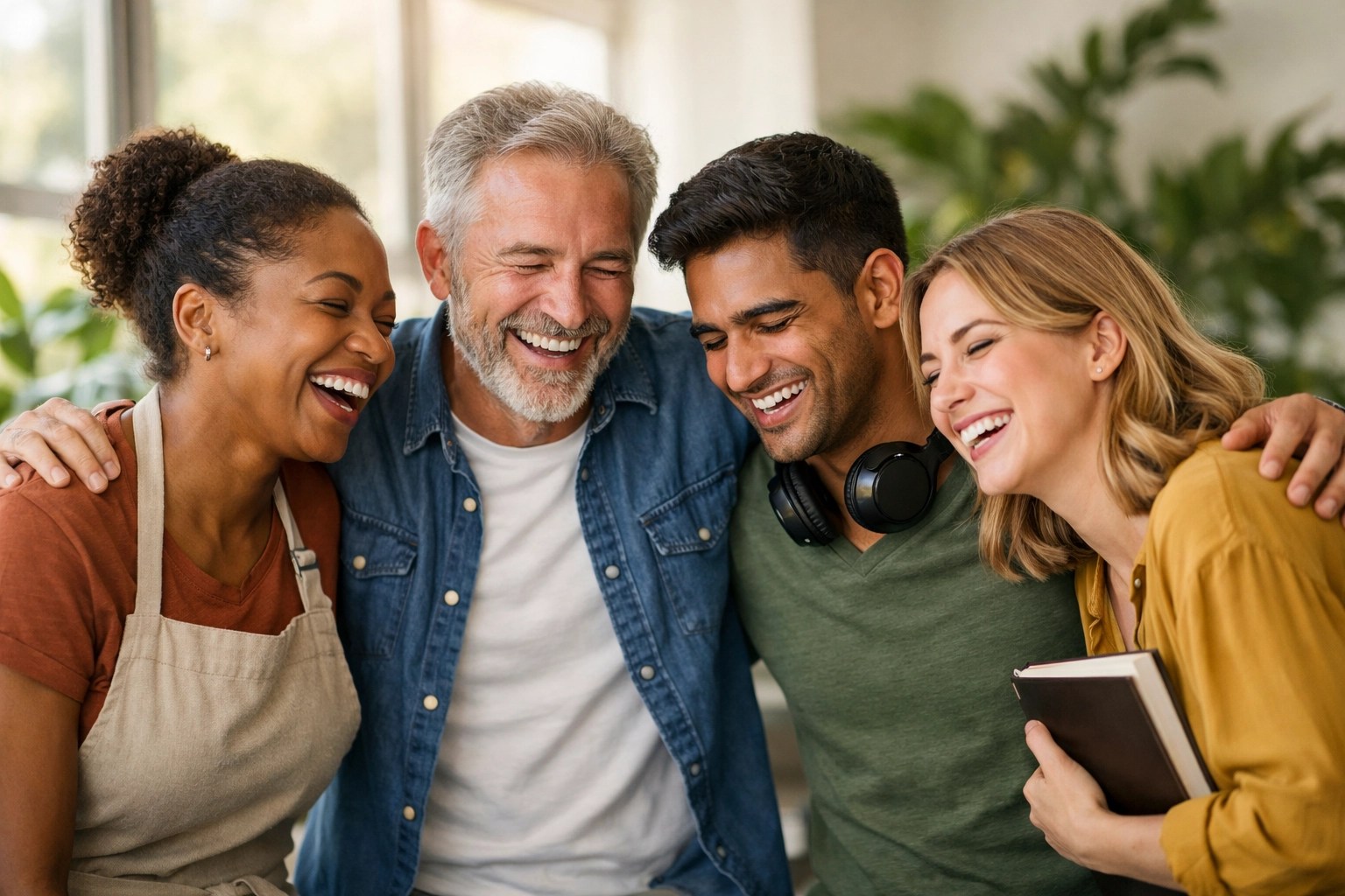 Happy small business employees in a bright office enjoying the peace of mind from group health insurance.