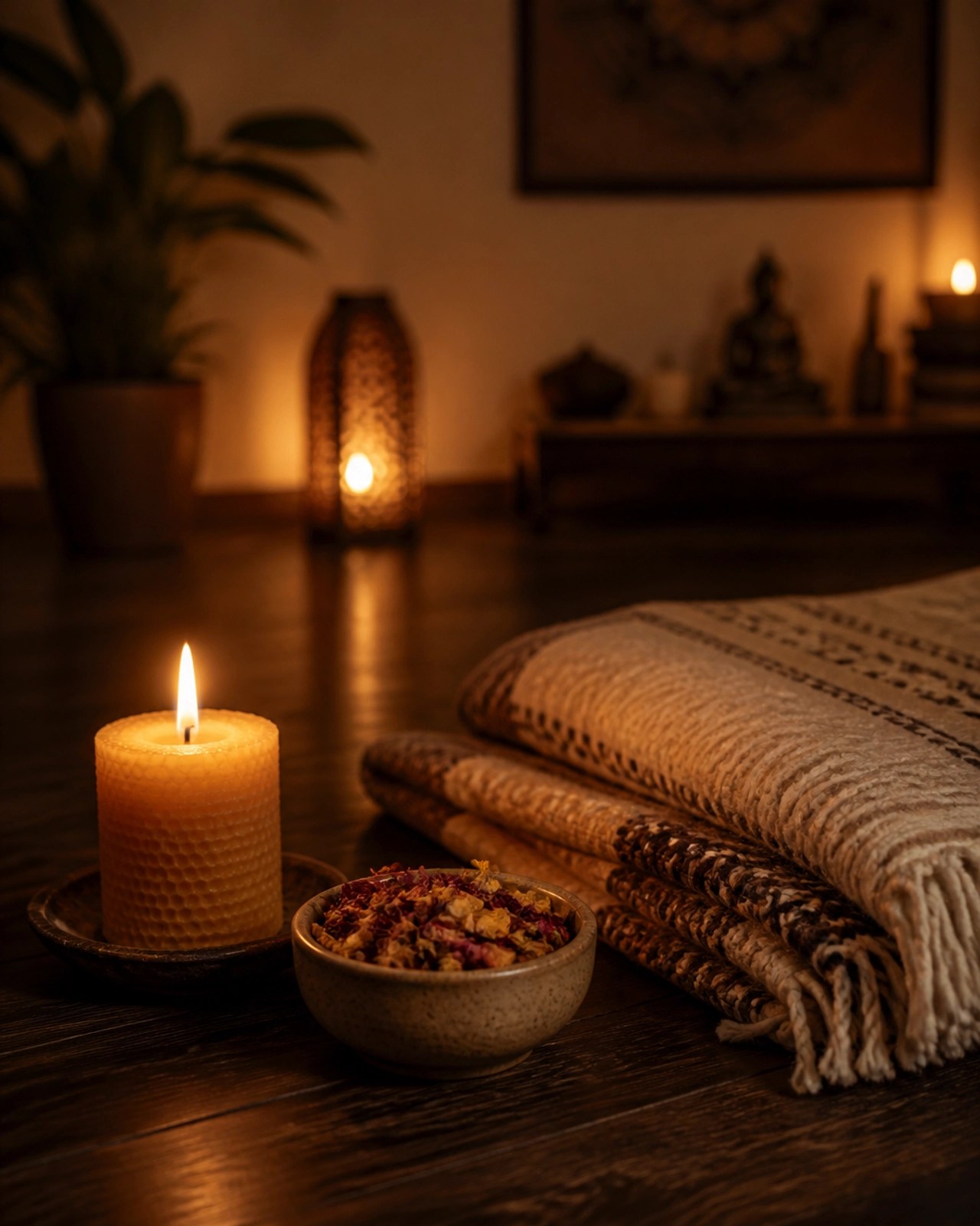 A serene evening meditation space with a lit candle and natural materials, fostering tranquility.