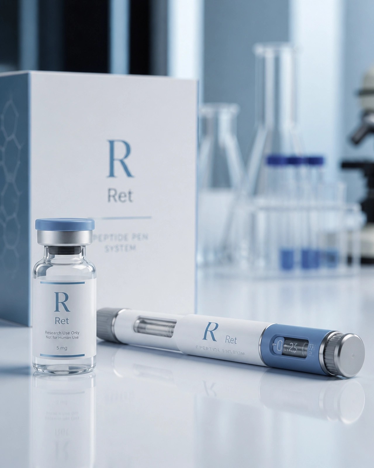 Clinical product photography of a glass vial labeled with 'R' representing Ret, next to a reusable peptide pen system.