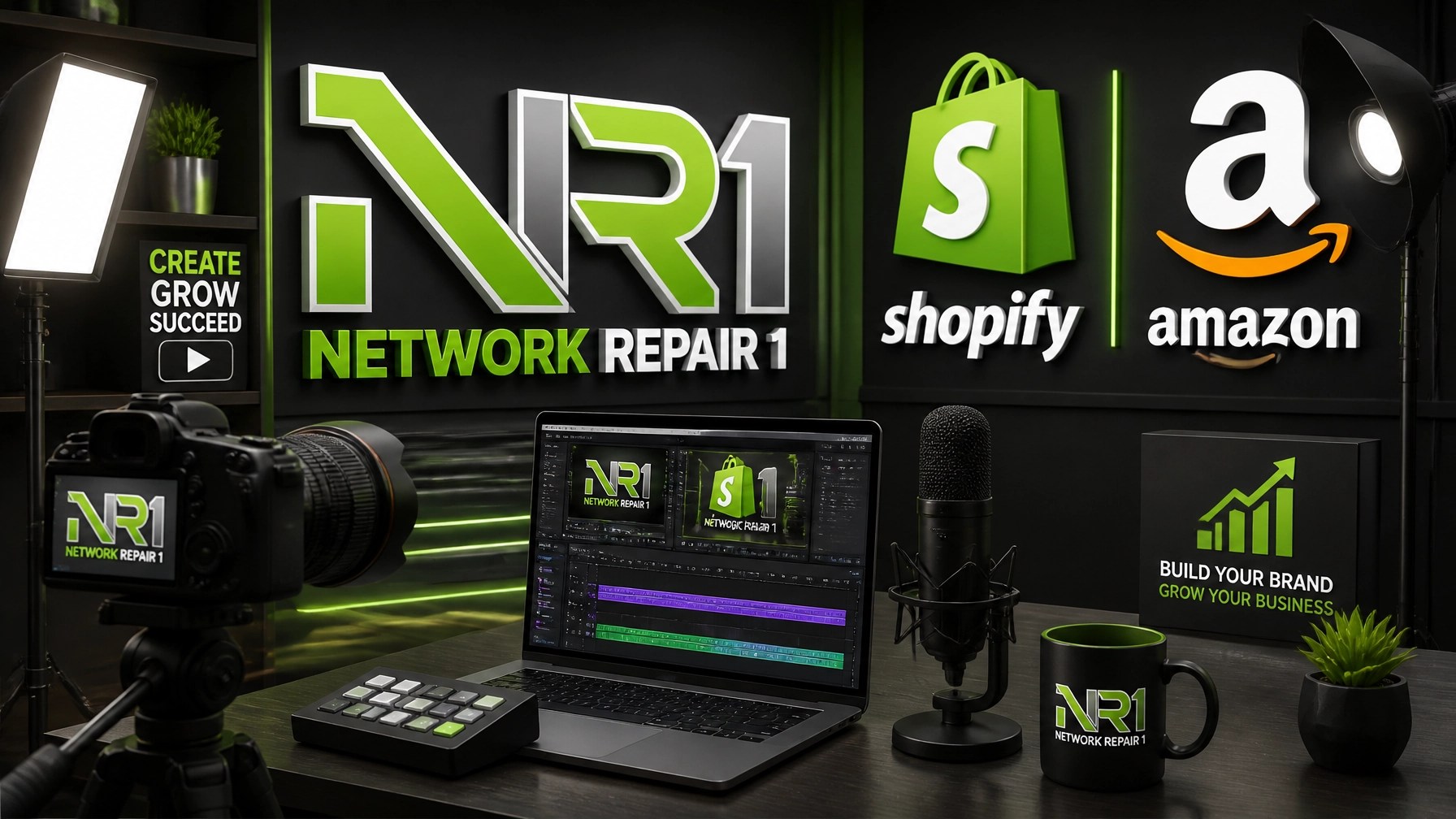 Shopify/Amazon product video production scene with camera, lights, and editing timeline