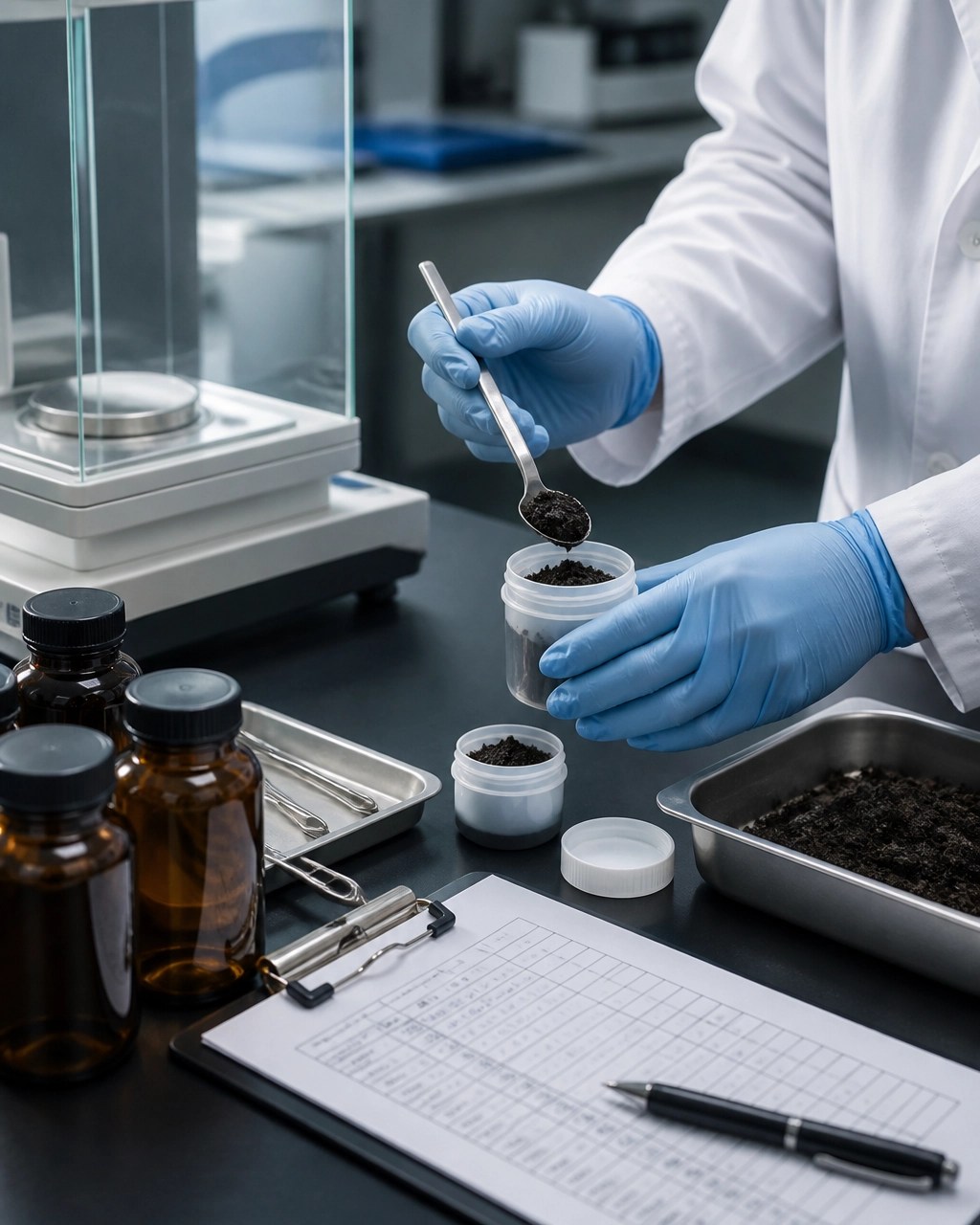 Environmental scientist preparing PFAS biosolids samples with laboratory containers and analytical equipment
