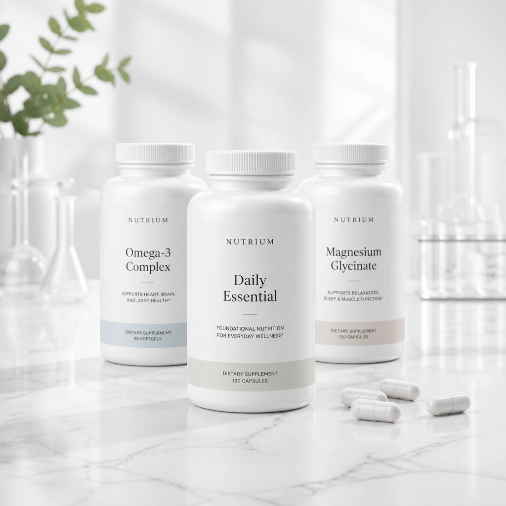 A collection of three minimalist white supplement bottles arranged on a clean surface