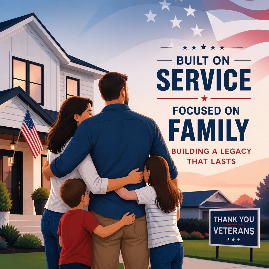 A military veteran hugging his family in front of a new home