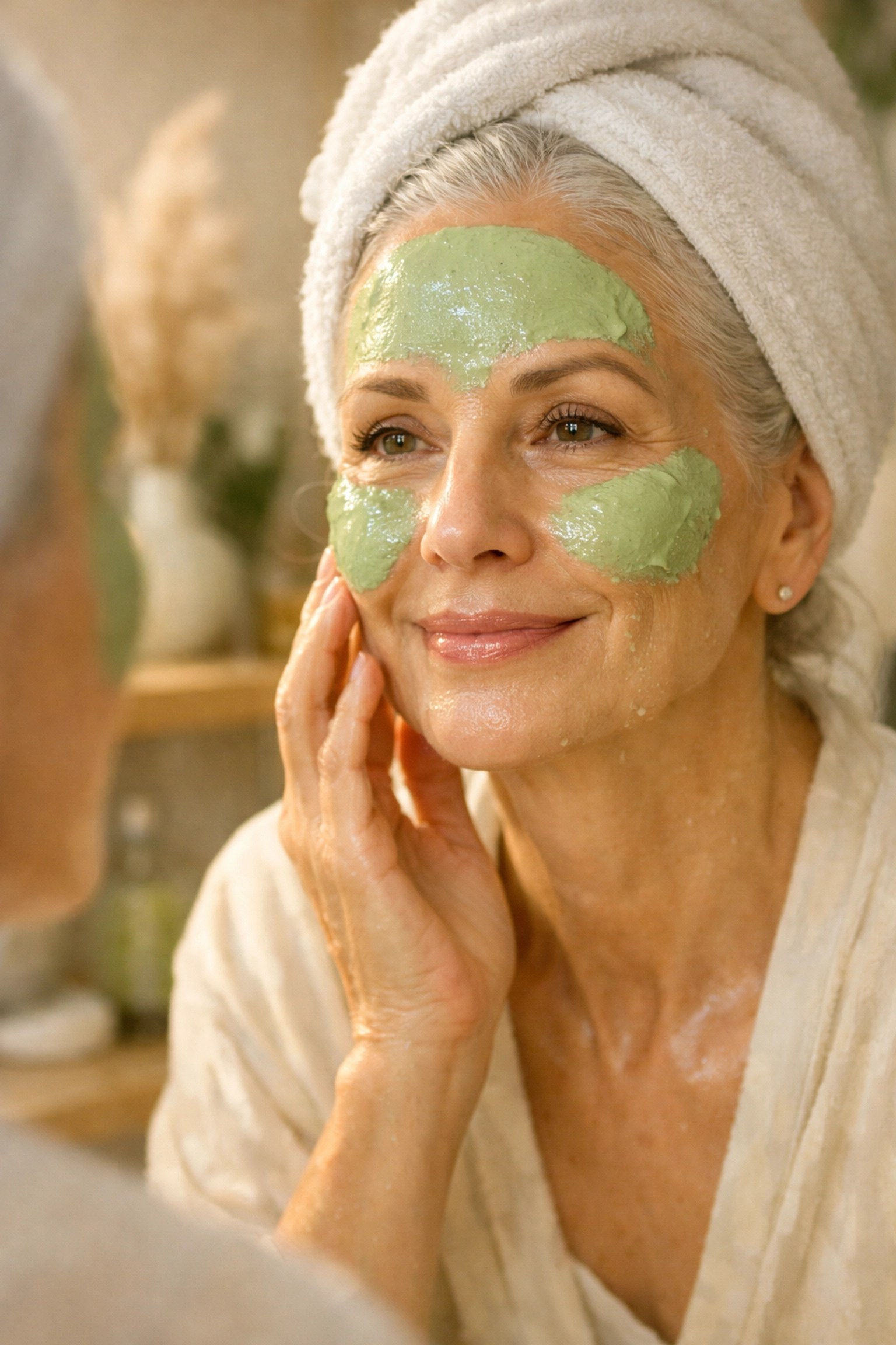 A woman in her 50s with a hydrating green clay mask to treat aging skin concerns during menopause.