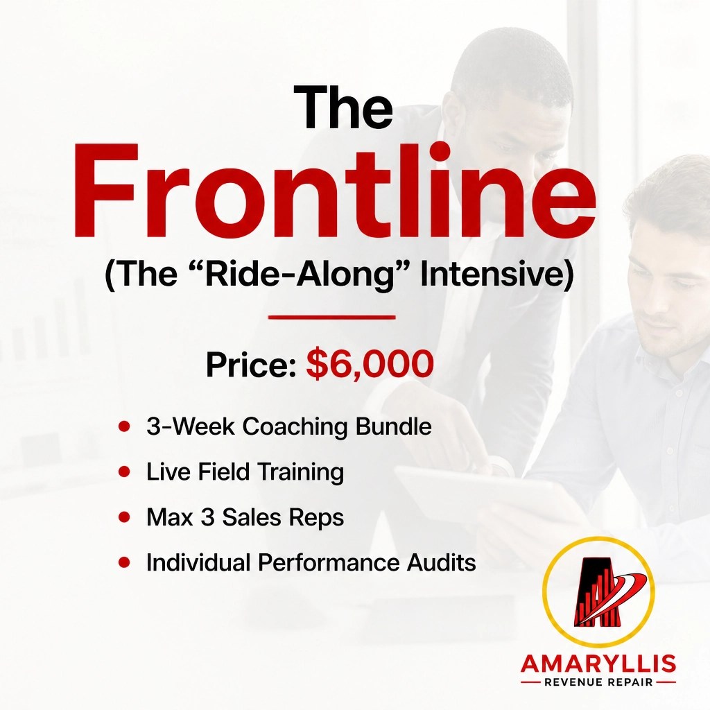 A professional catalog visual for The Frontline coaching bundle, emphasizing live field training and individual audits.