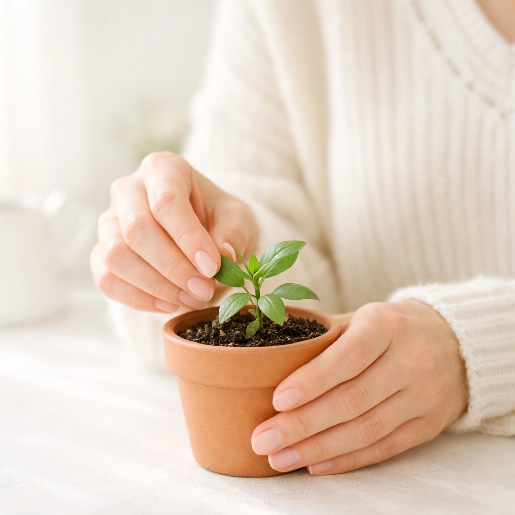 Woman's hands tending to a green plant, symbolizing personal growth and grace-filled living.