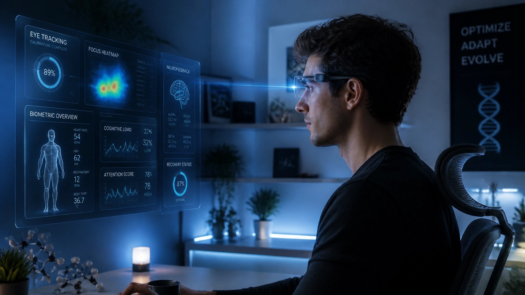 A tech-savvy biohacker using a high-tech eye-tracking interface