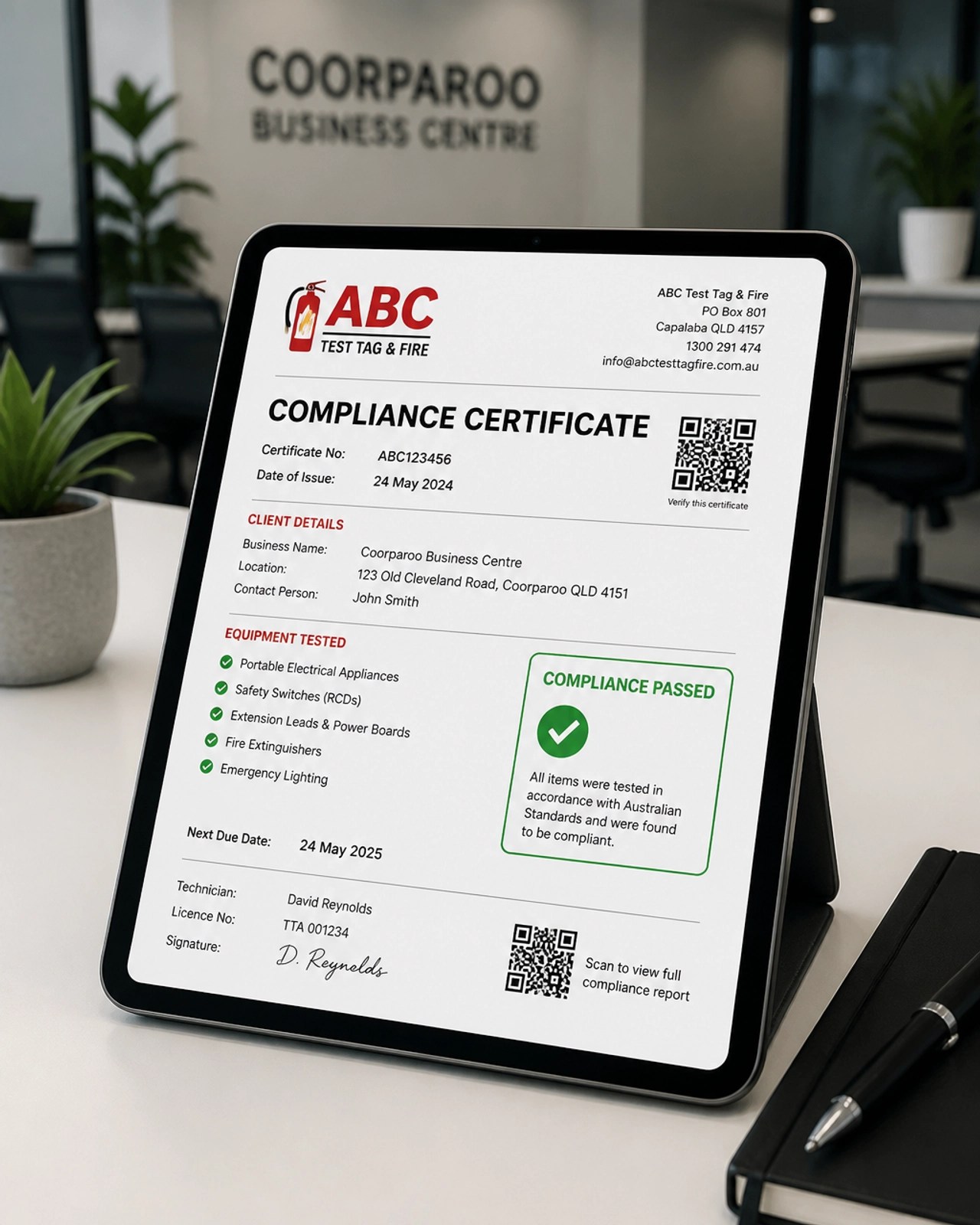 Modern digital compliance certificate displayed on a tablet