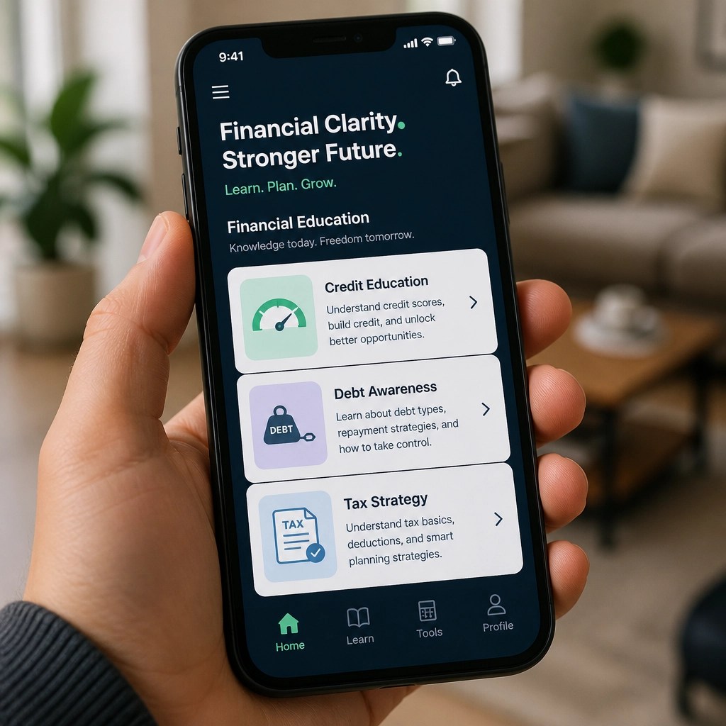 A smartphone screen showing a modern financial education app interface.