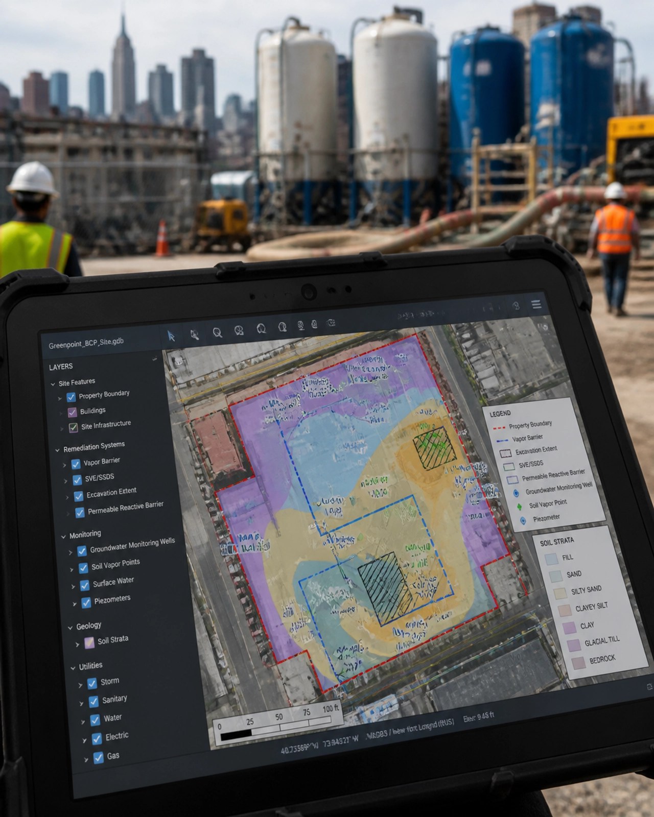 A technical, professional engineering visual showing a close-up of a GIS mapping interface on a rugged tablet at a job site.