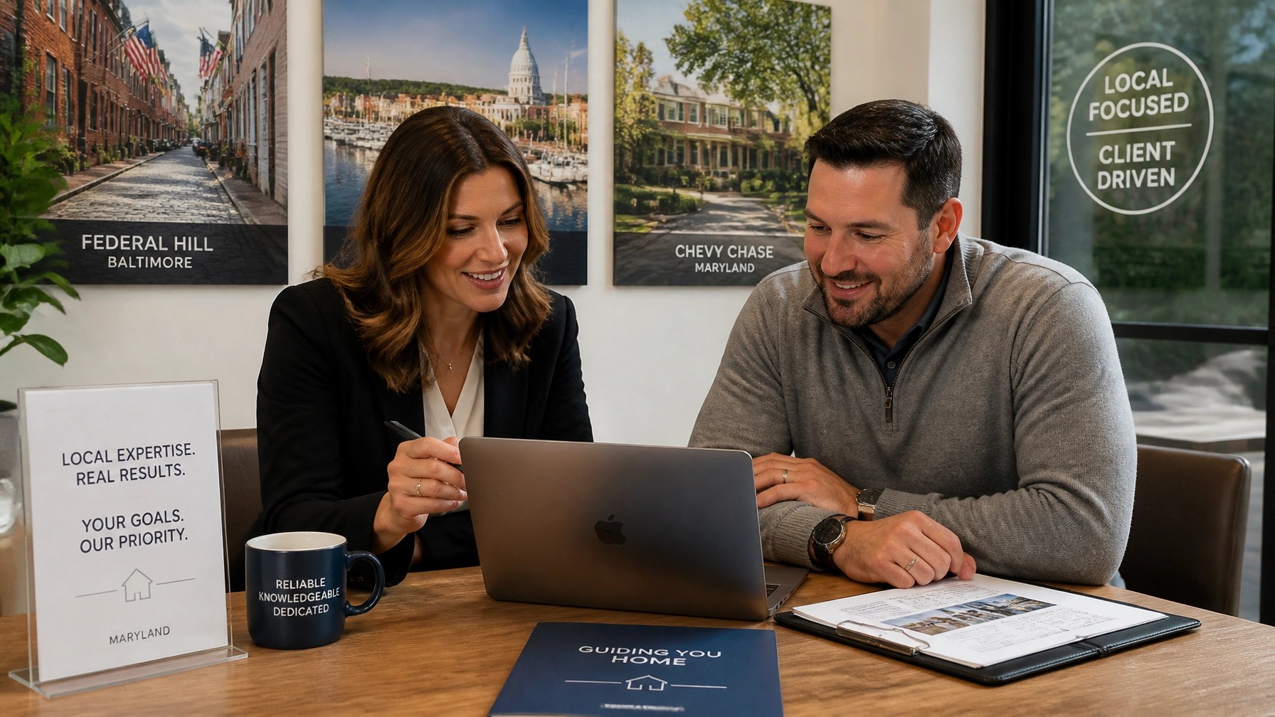 Lamont Milbourne and a client collaborating over a laptop in a bright Maryland office
