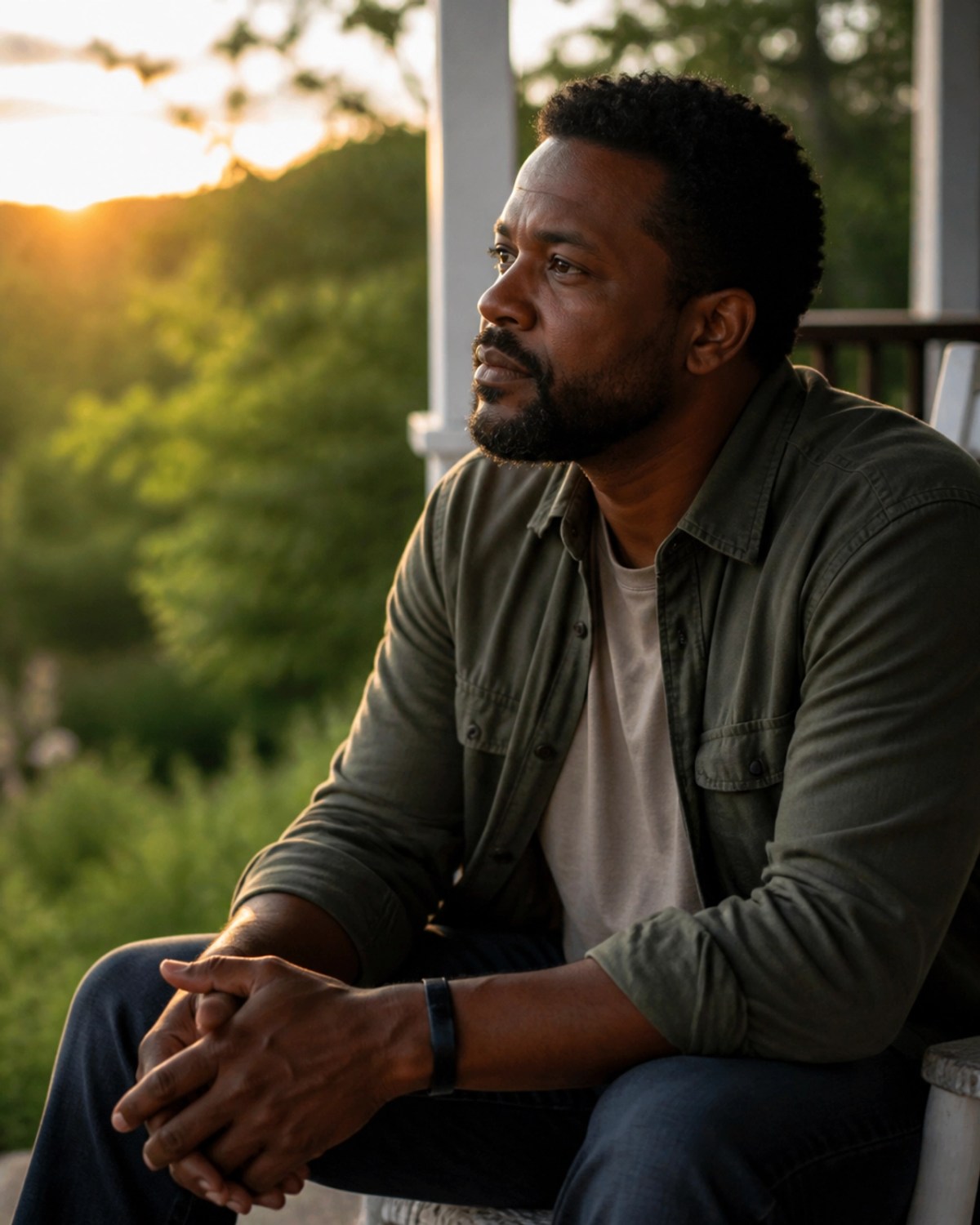 Reflective Black man sitting outdoors in soft, natural light