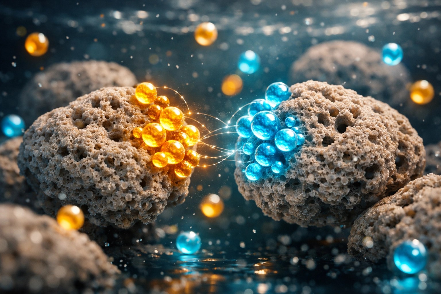Microscopic view of bentonite clay particles binding to toxins and impurities for an internal body detox.
