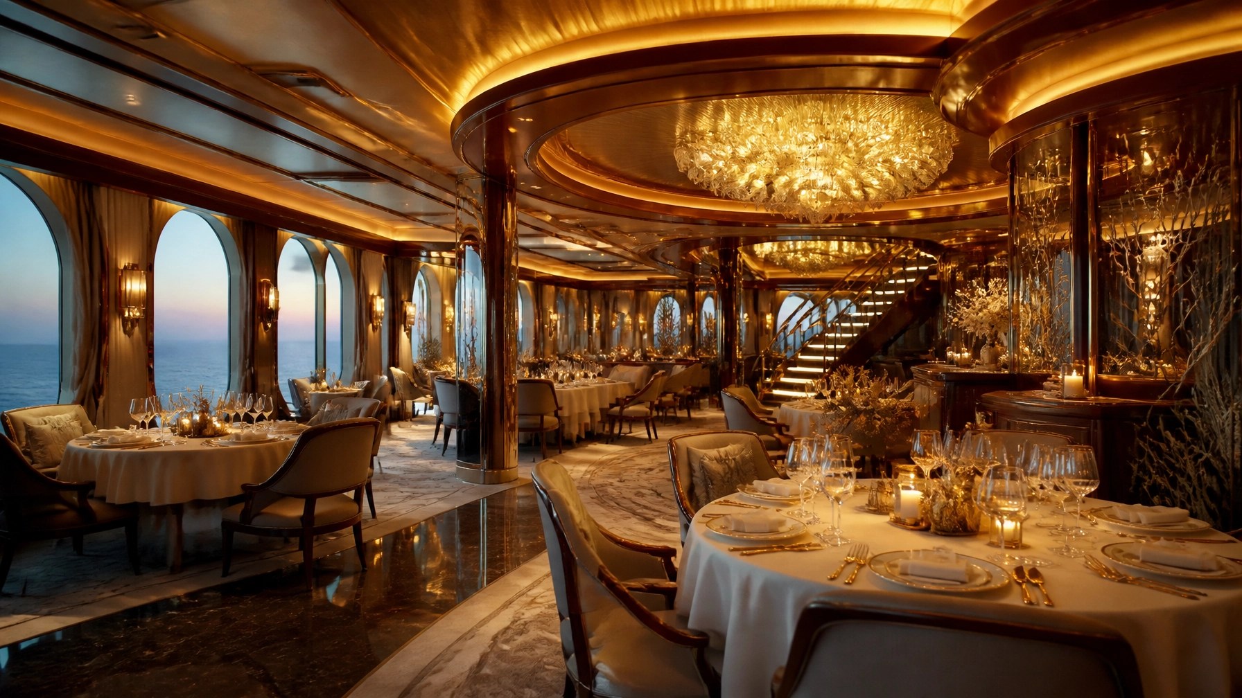 Elegant cruise ship dining room with refined tablescapes, glowing chandeliers, and warm upscale lighting
