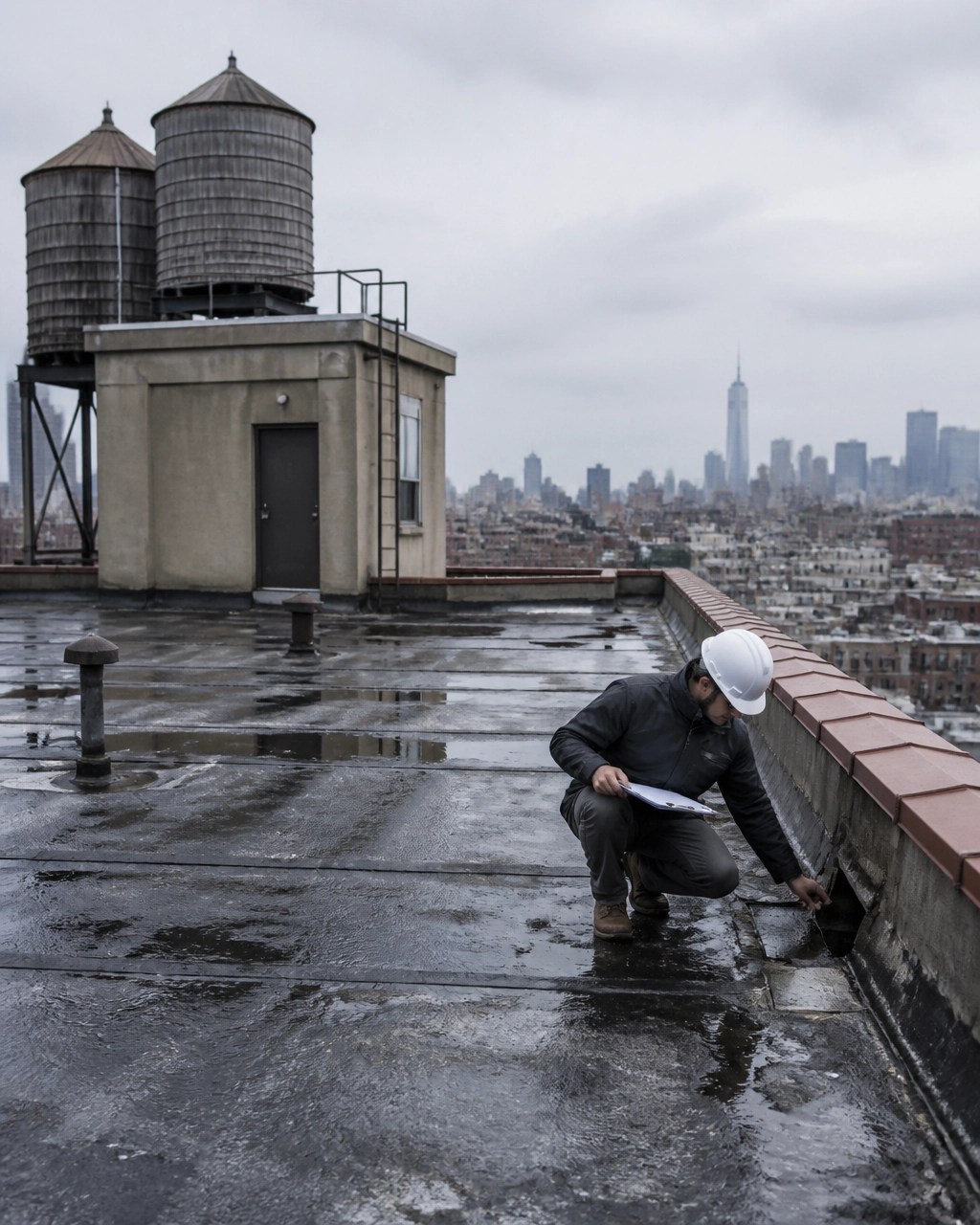 Engineer inspecting rooftop drainage and building envelope systems on a Brooklyn co-op