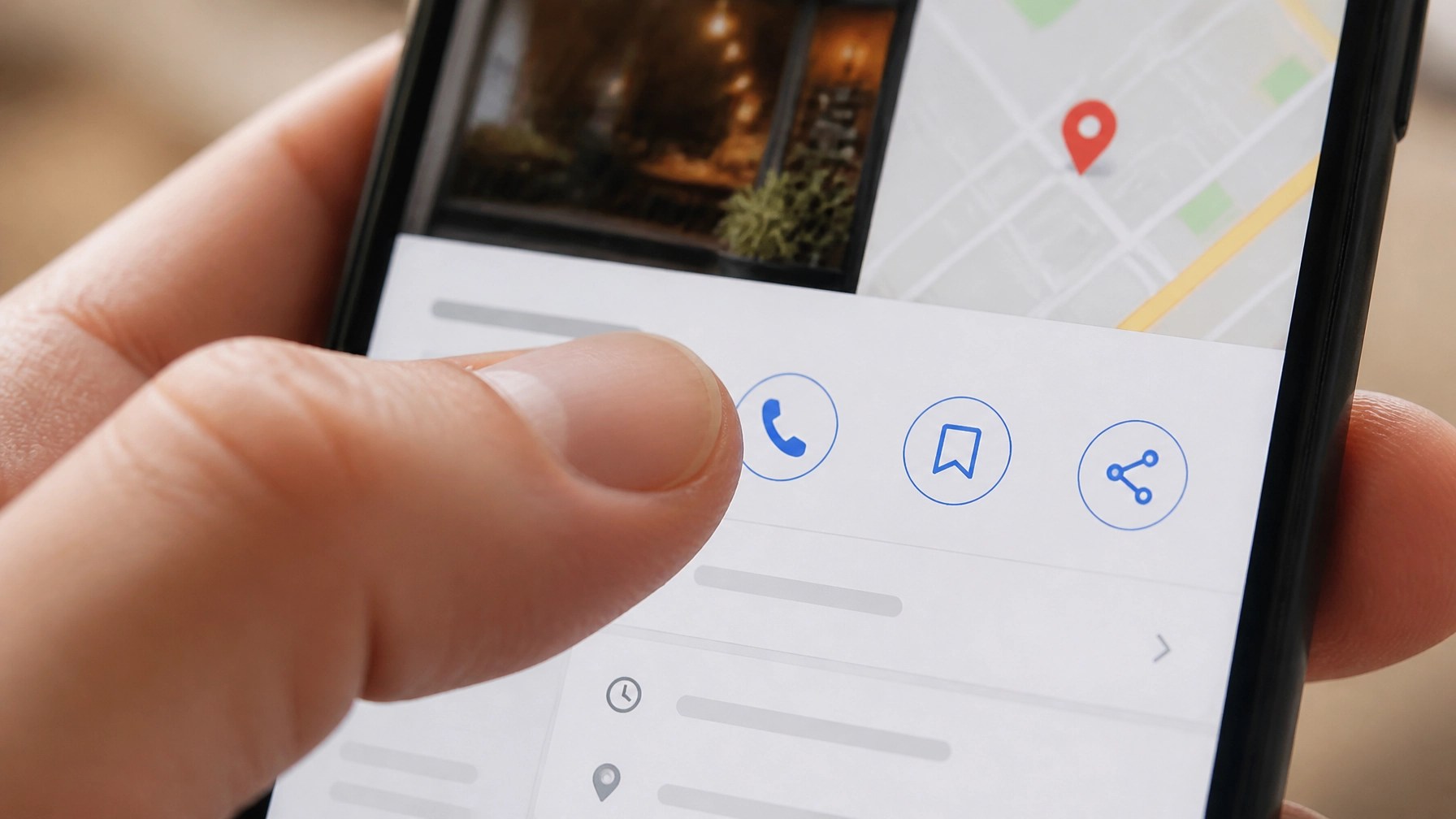 Close-up of a call button being pressed on a Google Maps listing
