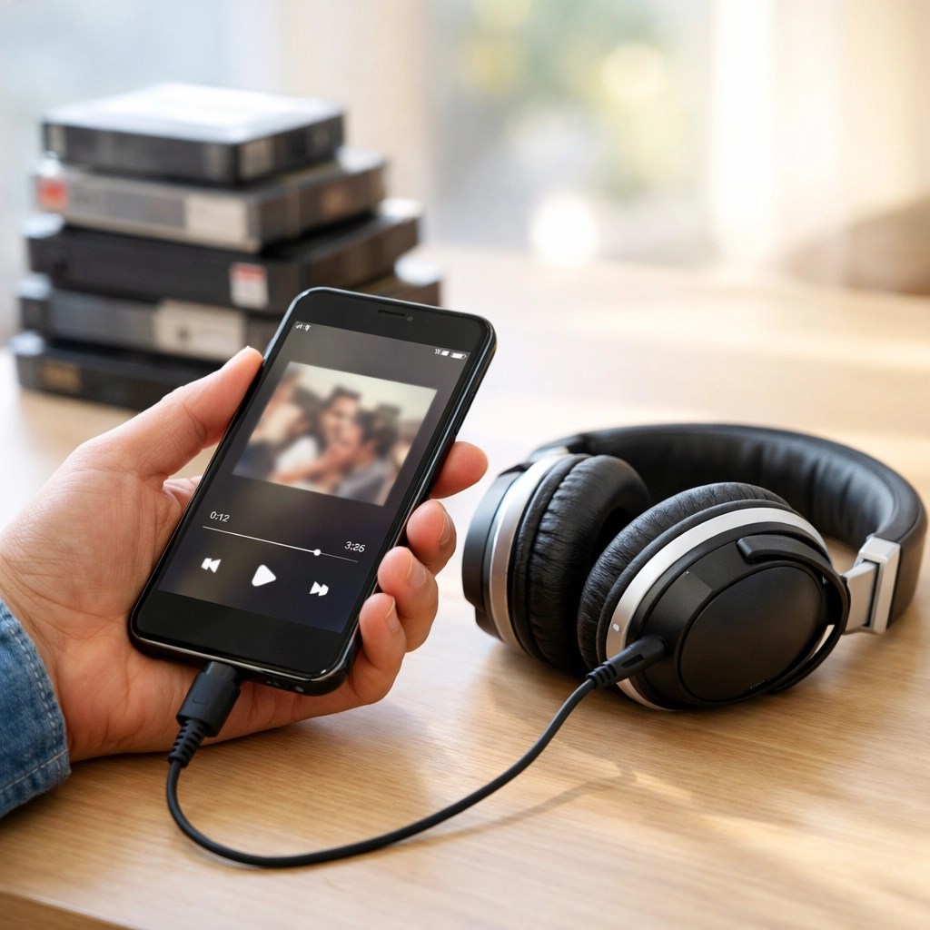 Person listening to digitized audio on a smartphone with high-fidelity headphones and old tapes.