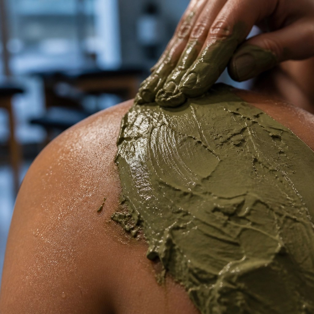 Close up of green clay texture on skin