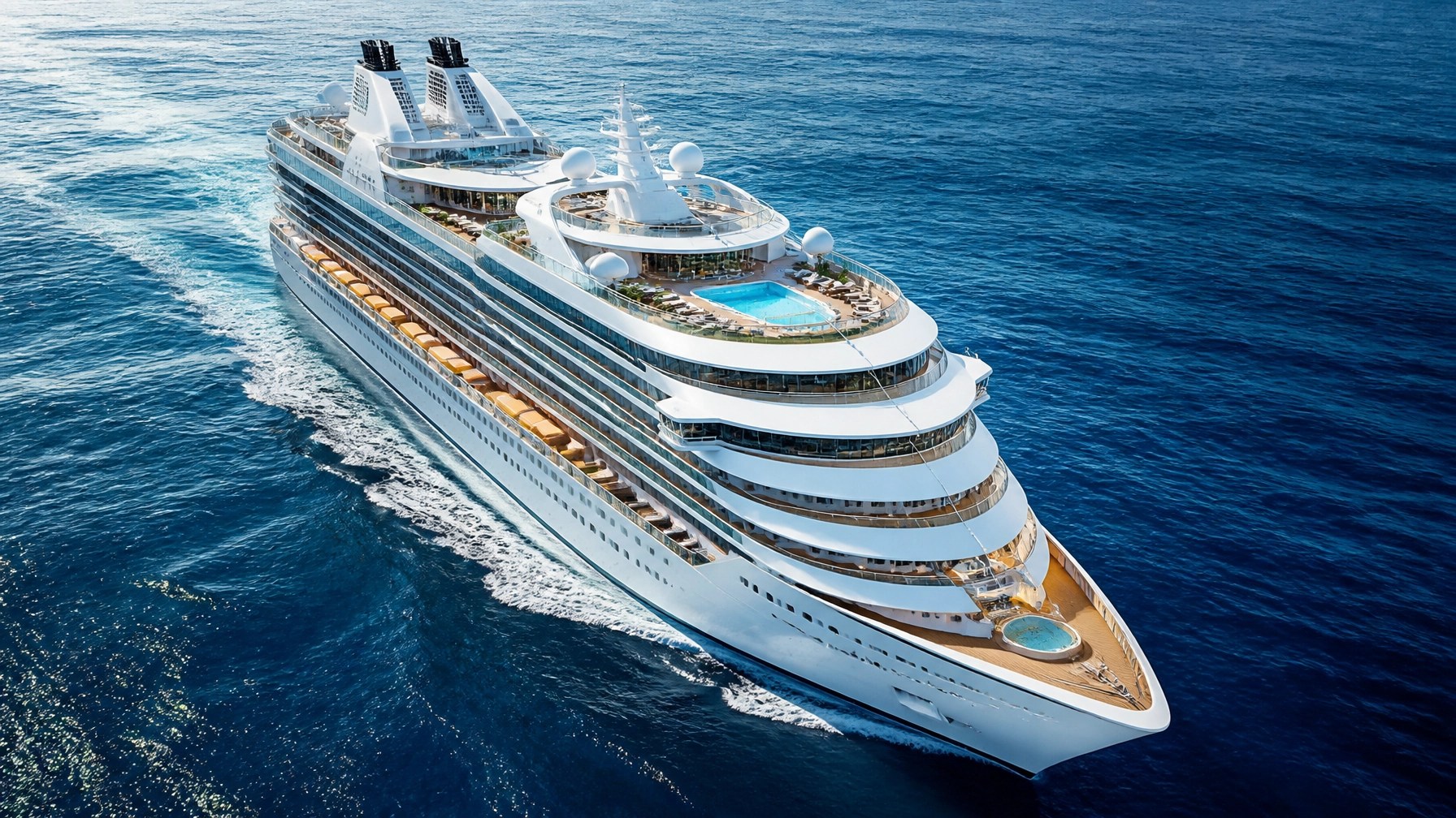 Aerial view of a modern Royal Caribbean-style cruise ship sailing over deep blue water with no people visible