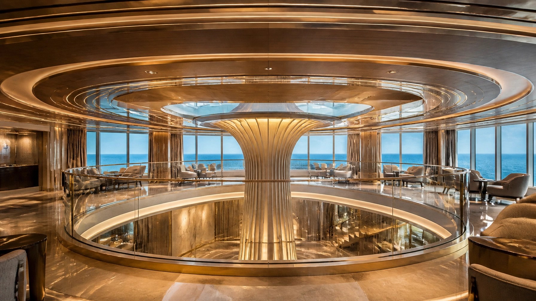 Elegant glass-walled cruise ship atrium with ocean views and warm contemporary design