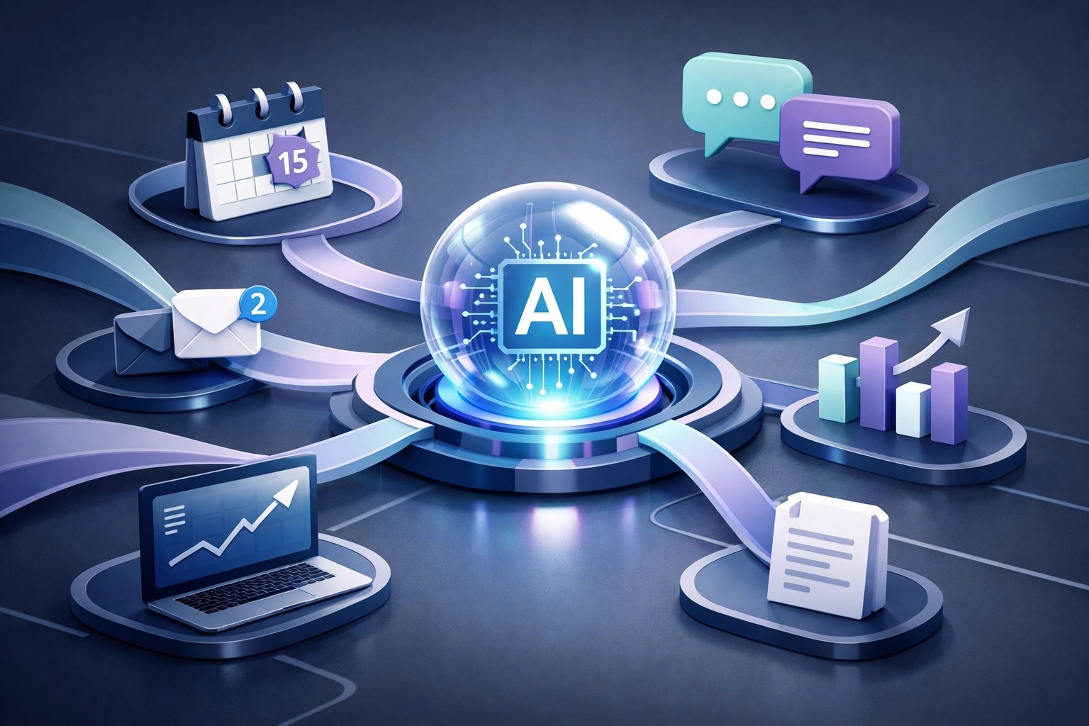 Digital visualization of an enterprise AI engine automating business workflows and data exchange for productivity.
