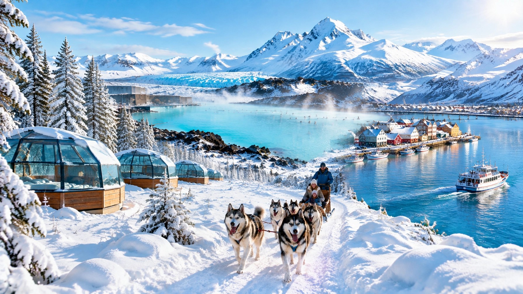 Bright daytime editorial scene combining Finnish Lapland, Iceland and the Alps with luminous snow, mountain scenery and a calm premium adventure atmosphere