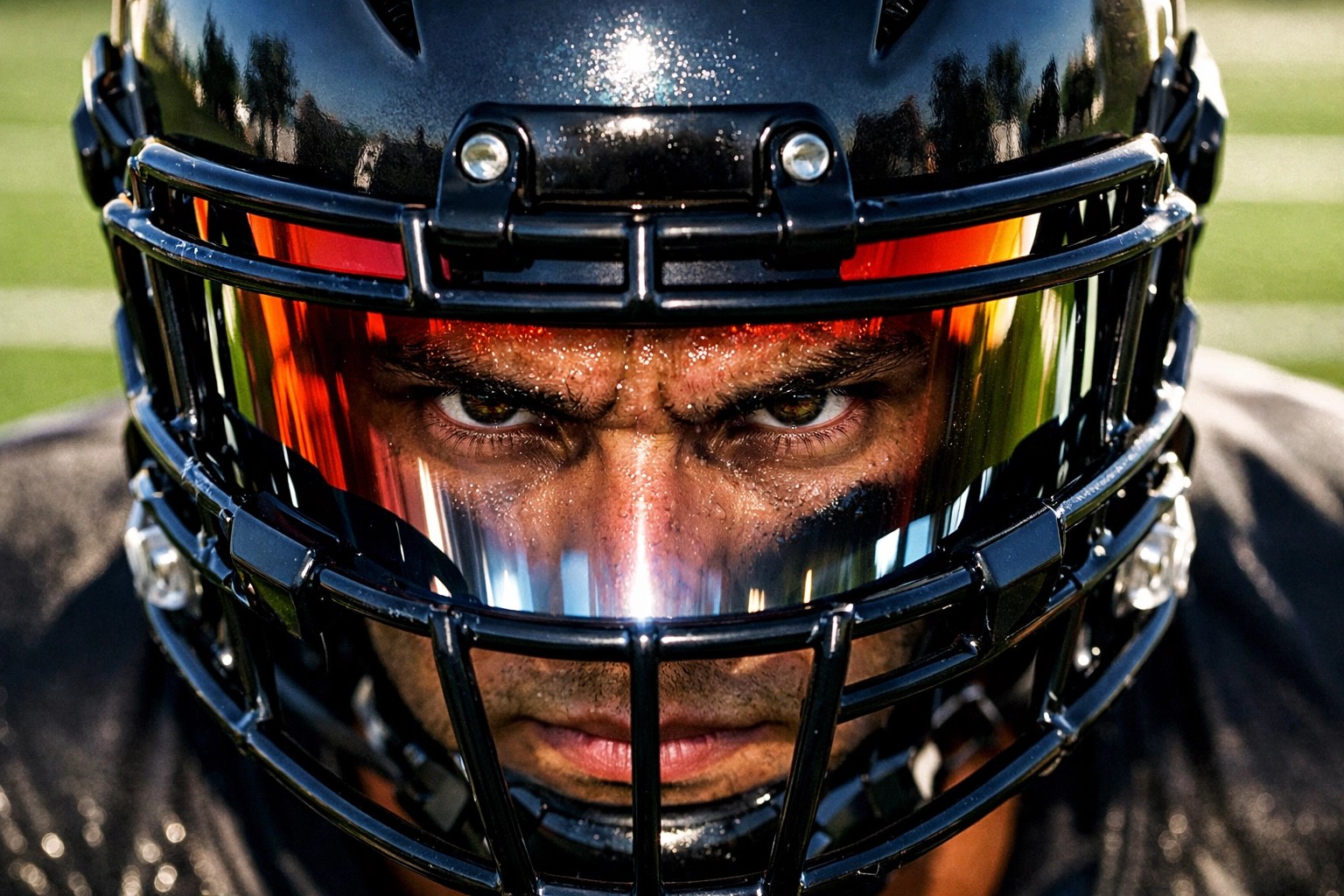 Focused Atlanta football player in helmet visor preparing for the NIL landscape.