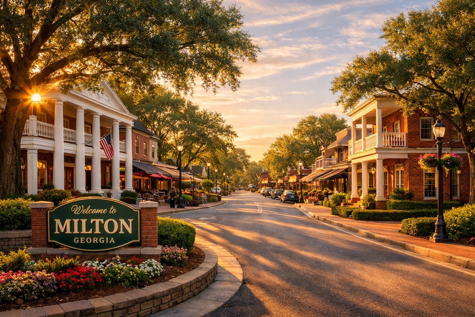 Sunny commercial street in Milton, Georgia, representing a thriving local business community.