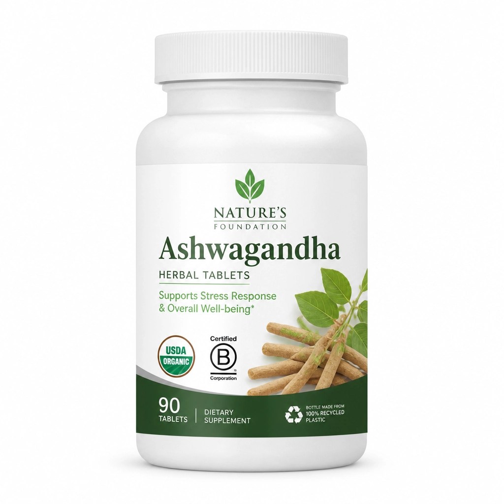 Frasco de tabletas de Ashwagandha orgánica de alta calidad