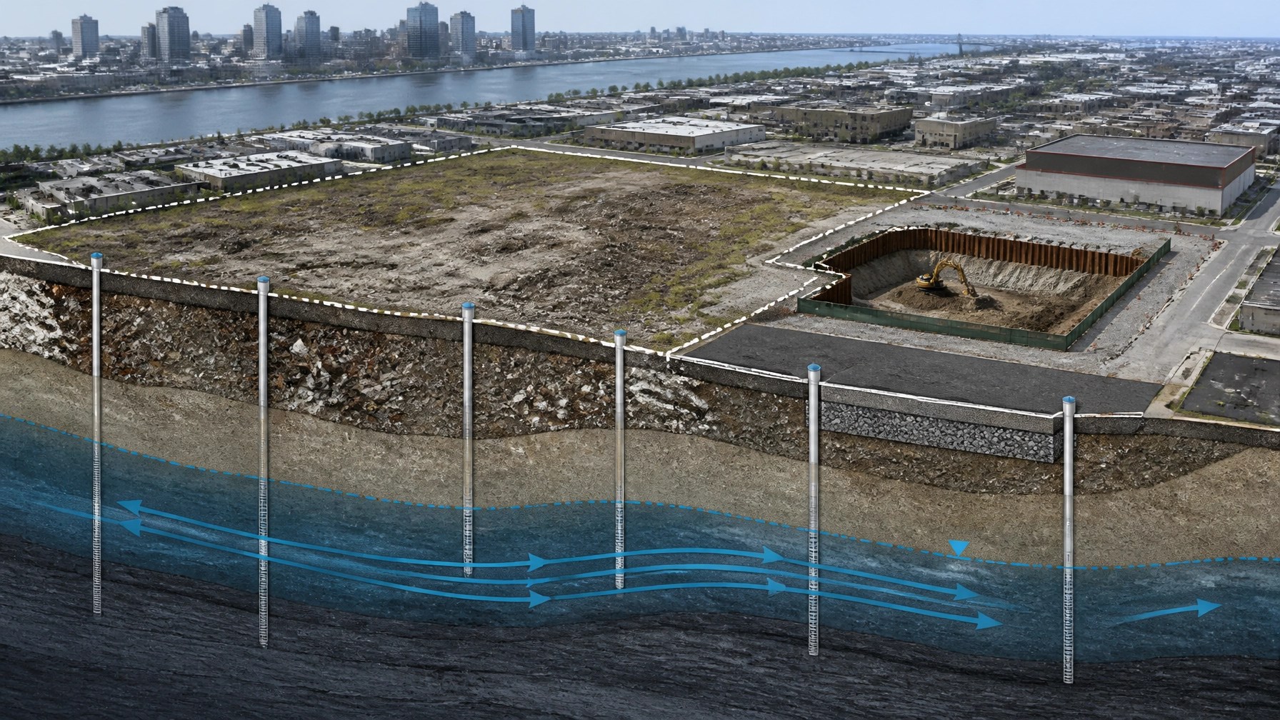 AI-generated conceptual site model of an urban New Jersey brownfield with sampling points, groundwater flow, excavation, and capped areas