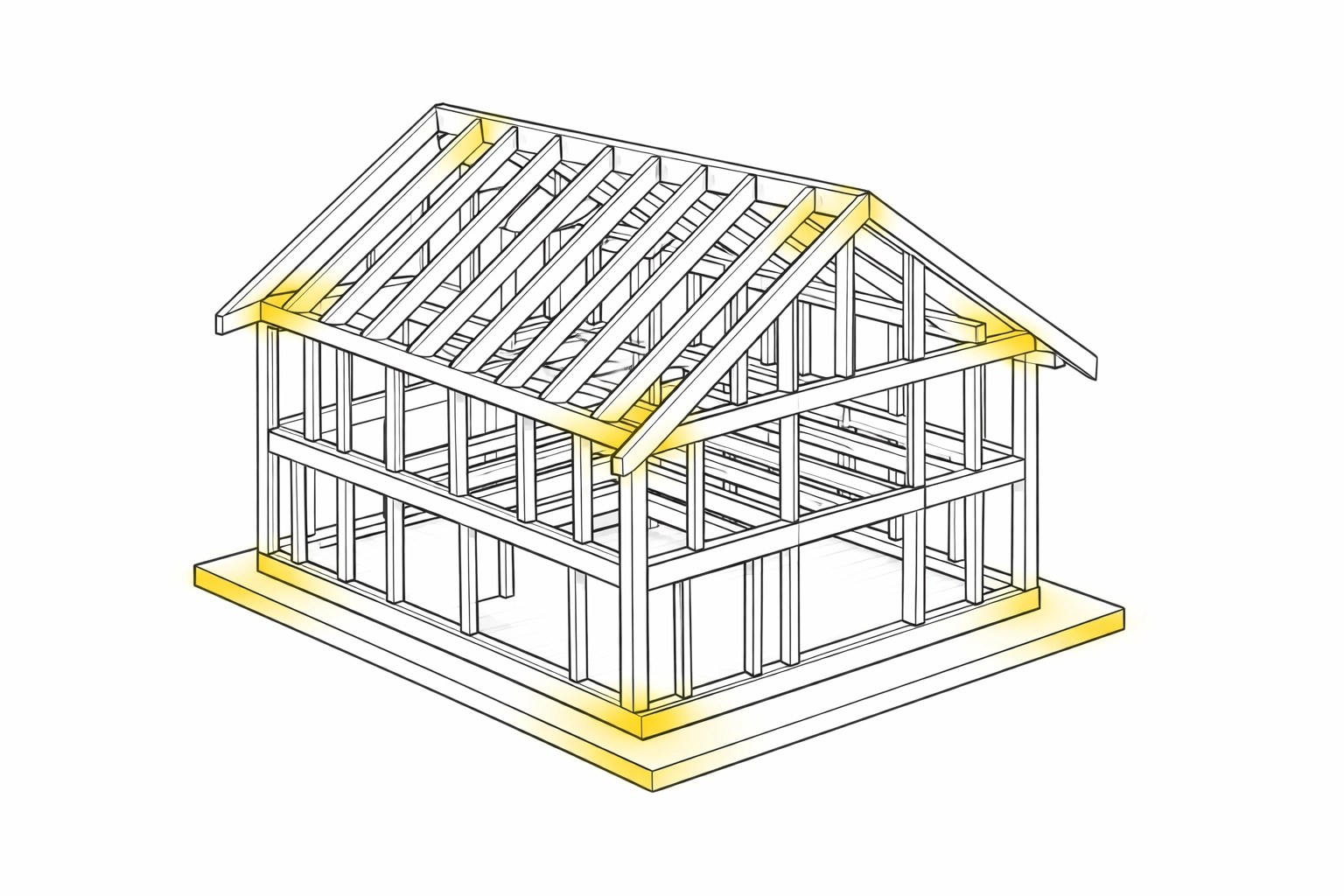Minimalist line illustration of a modern house frame showing structural integrity for custom builds.
