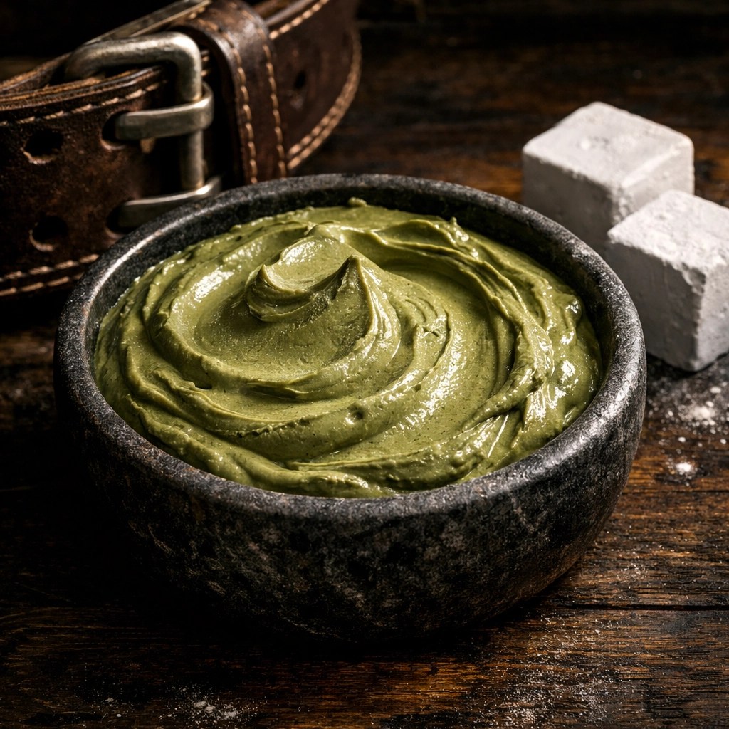 Natural French green clay paste in a stone bowl for athletic muscle recovery and detox.
