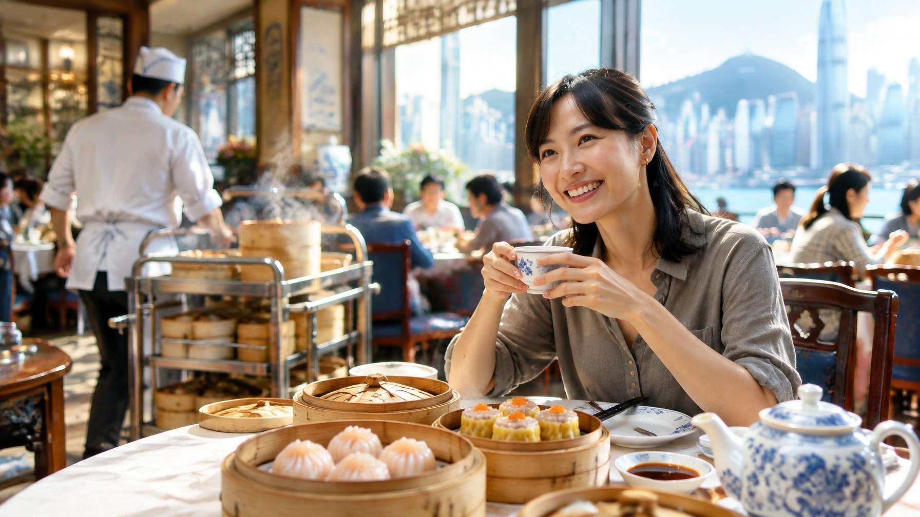 Sunlit Cantonese morning with a traditional dim sum trolley, bamboo steamers and tea in a Hong Kong restaurant